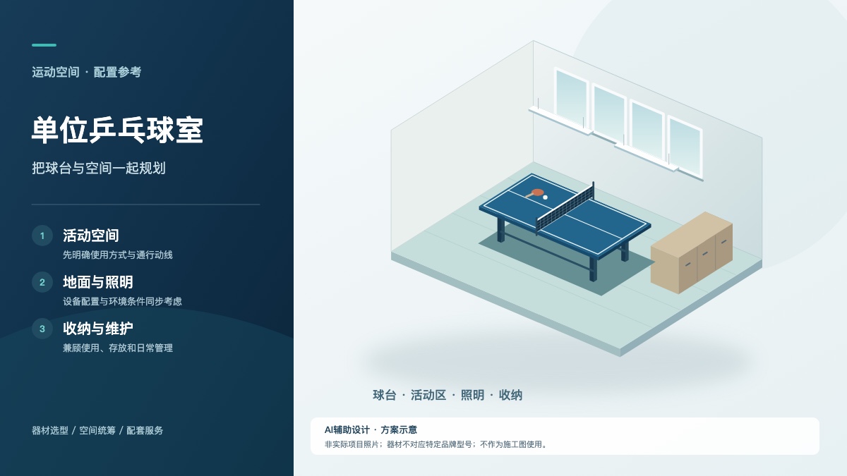 单位乒乓球活动室配置方案示意，展示球台、活动空间、照明和收纳，AI辅助设计。